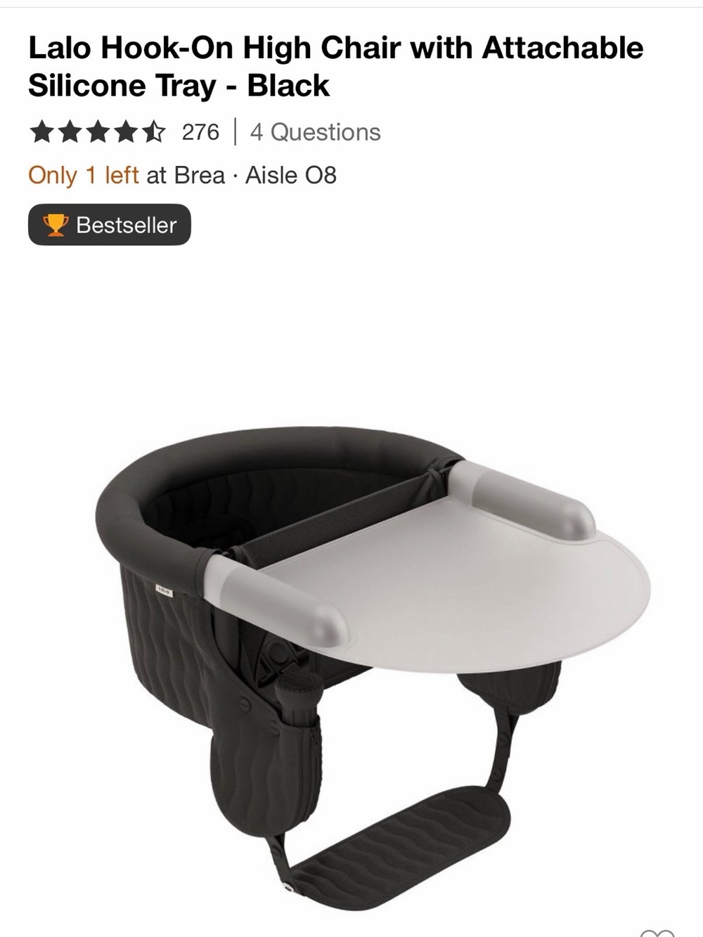Lalo Black Hook-On High Chair with Attachable Silicone Tray